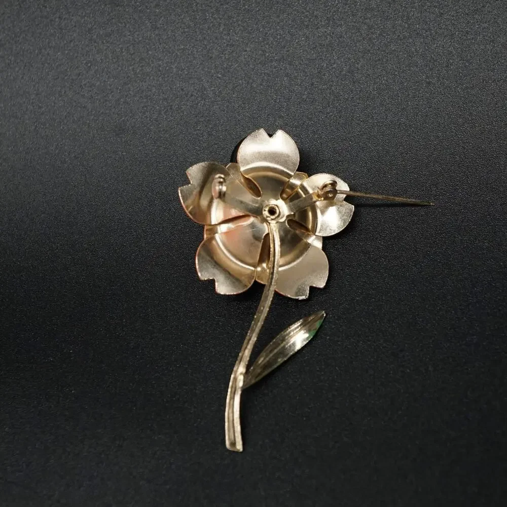 Vintage Mod Orange Enamel 3 in Floral Brooch Green Stem Retro Statement Pin
